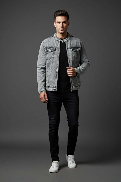 Fulla Moda Zippered Pocket Judge Collar Denim Jacket