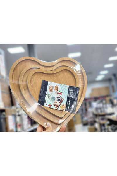 Bi Bamboo 3'lü Kalp Şekilli Doğal Bambu Sunum Tepsisi