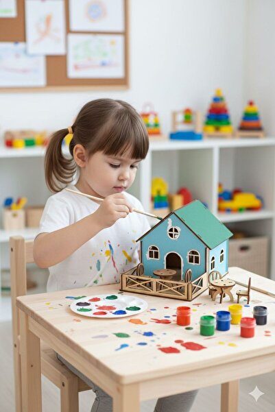 Giftölye Ahşap Maket Dağ Evi Boyama Seti + 6 Renk Akrilik Boya Ve Fırça - El ...