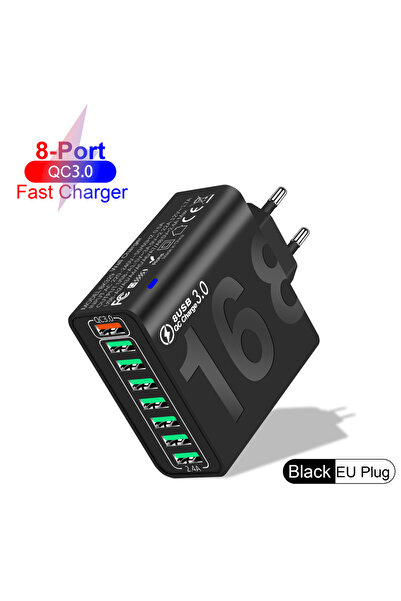 Choice شاحن جداري أسود بثمانية منافذ USB للشحن السريع بتقنية QC3.0، مزود بقاب...