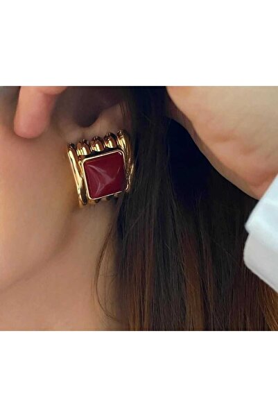 Bubbleatelier Bordo taş detaylı vintage gold küpe