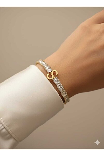 livaz accessories Çelik Kadın Gold Zirkon Taşlı S Harf Kelepçe