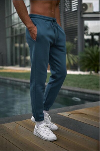 CAST COLLECTİON Men's Petrol Blue Combed Cotton Sweatpants