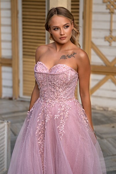 MissBetül Straplez Çiçek Sarmaşık Detaylı Abiye Nişan Elbisesi