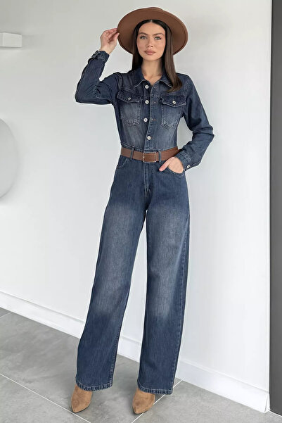 ZehraGül Lacivert Tint Kadın Uzun Kol Jean Kot Tulum