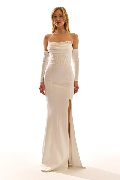 Elbisemhazır Taş İşlemeli Straplez Korsajlı Düşük Kol Abiye Elbise