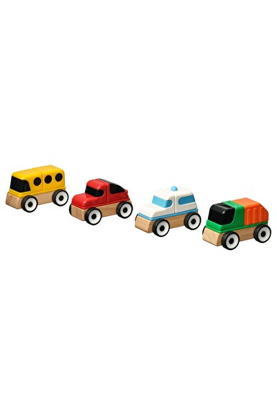IKEA Lillabo Vehicle Set, Multicolored, 4 Pieces, Sports Car, School Bus, Recycling Truck, Police Car