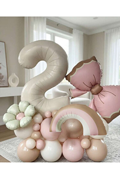 Öztürkpartievi 2 Year Old Birthday Balloon Set Pastel Rainbow Bow Figured Concept Decor