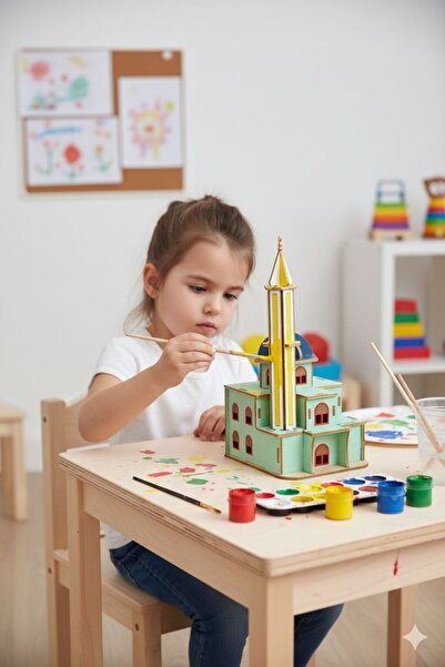 Giftölye Ahşap Maket Camii Boyama Seti + 6 Renk Akrilik Boya Ve Fırça - El Becerisi Geliştirici