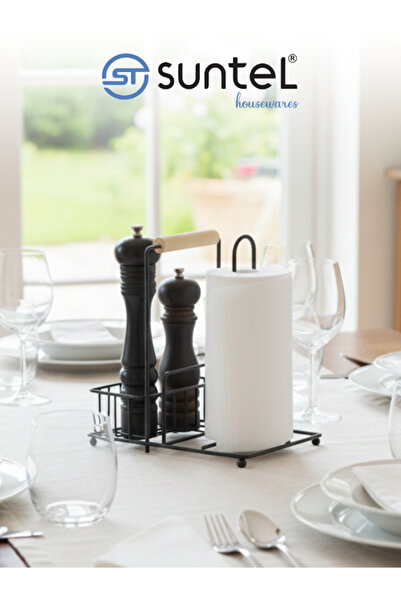 Suntel Black Metal Wooden Handle Countertop Paper Towel Holder and Spice Rack Stand