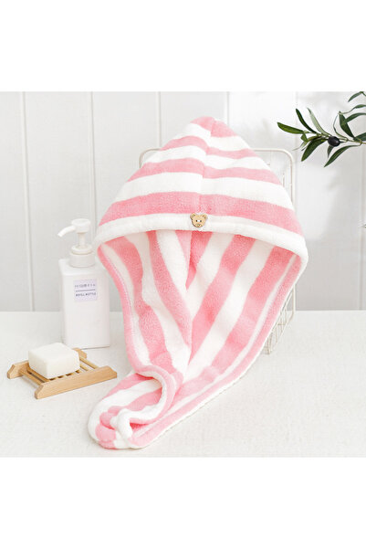 Choice Pink White Dry Hair Towel Microfiber Coral Velvet Striped Pattern Hair Cap for Women Turban Water-Ab
