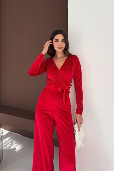 Neşeli Butik Women's Glitter Stone Detailed Belted Velvet Jumpsuit Nbk4472