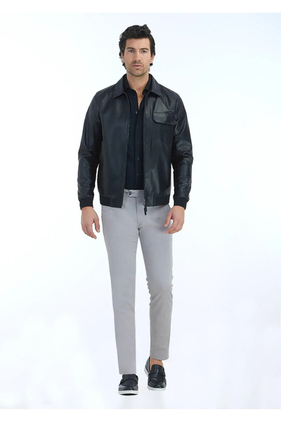 Ramsey معطف جلدي كاجوال ذو ياقة قميص سوداء اللون