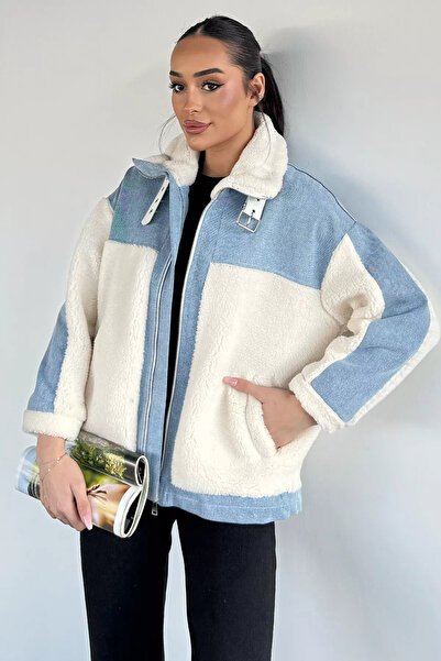 ZehraGül Mavi Kadın Kot Garnili Çift Cepli Kemer Detaylı Peluş Ceket