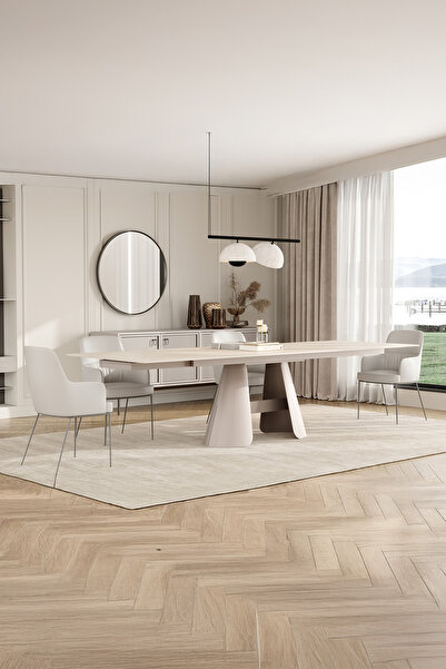 Enza Home Salda Metal Ayaklı, Traverten Yemek Masası - Bej, 200 cm