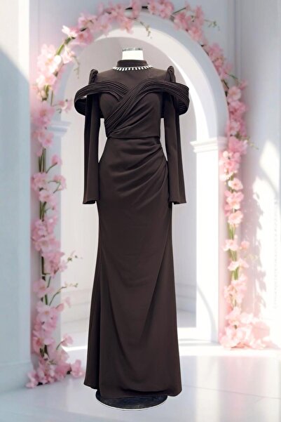 Amine Hüma Dila Abiye Elbise Kahverengi