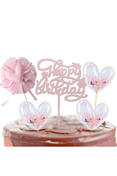 Choice 5pcs Rose Gold Happy Birthday Cake Topper Set 5PCS Heart Pink Pearls C...