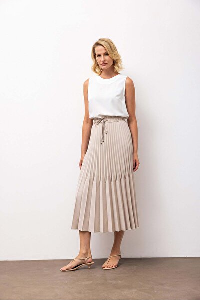 VİVENTO Pileli Bağcıklı Midi Etek - Bej E6015