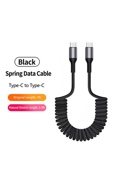 Choice كابل شحن أسود مستقيم بطول 1.5 متر بزاوية 90 درجة من نوع USB-C إلى Type-C، ملفوف ومضفر، قابل للسحب، شحن سريع