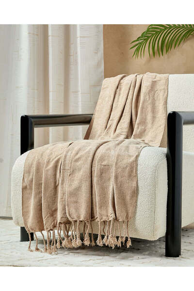 REDTAG Beige Chenille Throw With Gold Metallic Yarn