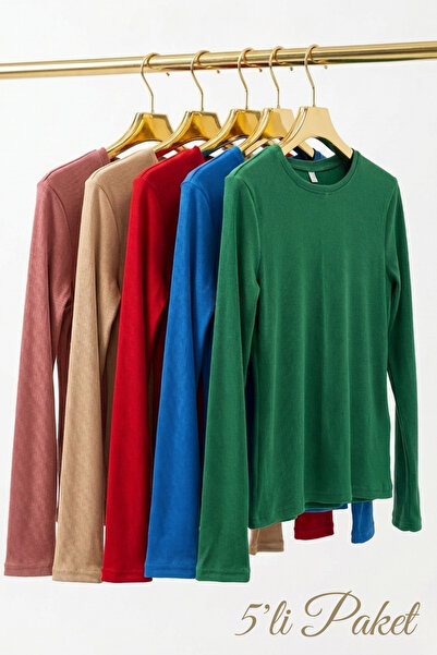 ABAY GİYİM Women's Corded Fabric Ribbed Knit Basic Long Sleeve Blouse 5 Color...