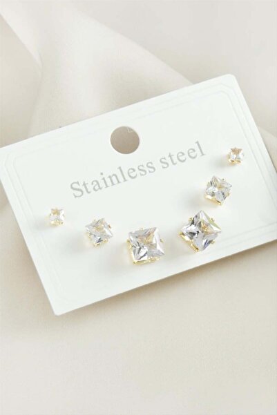 Pazarois مجموعة من 6 أقراط مربعة من حجر الزركون الفولاذي