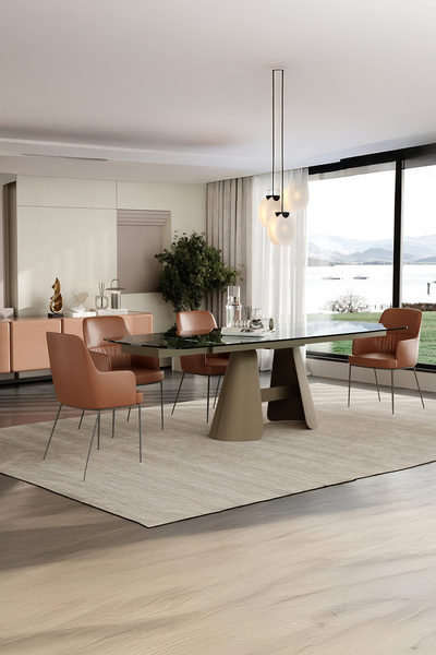 Enza Home Salda Metal Ayaklı, Cam Yüzeyli Yemek Masası - Bej, 180 cm