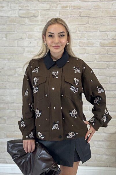 Muna Boutique سترة نسائية مطرزة بالخرز البني