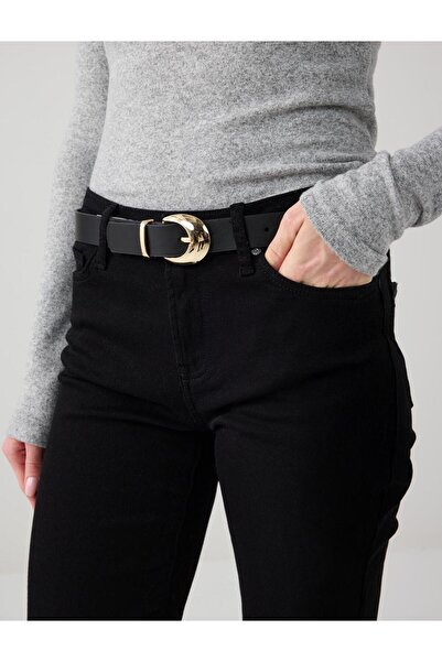 Jimmy Key Leather-Look Belt with Black Shiny Metal Buckle