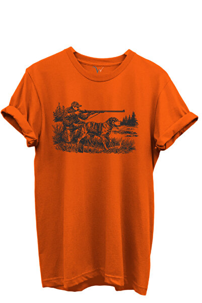 WİDİ Hunter and Hunting Dog Hunting Scene Illustration Printed 100% Cotton Regular Fit Crew Neck Unisex T-Shirt