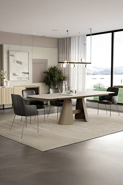 Enza Home Salda Metal Ayaklı, Traverten Yüzeyli Yemek Masası - 180 cm