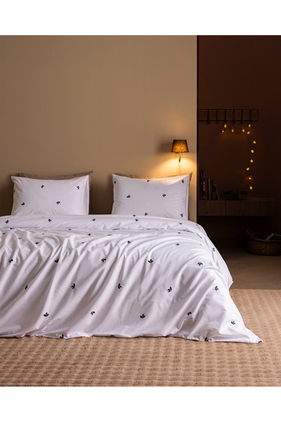 Madame Coco Adile Double Size 100% Cotton Embroidered Duvet Cover Set - White