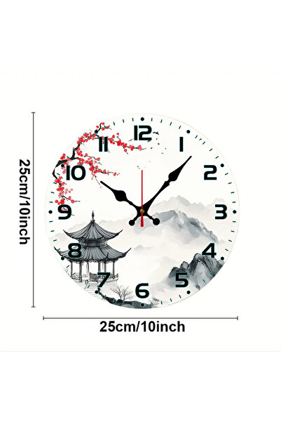 Choice ساعة حائط خشبية دائرية صامتة مقاس 10 بوصات بتصميم مناظر طبيعية صينية (GZ-WYT08310033)، مناسبة لغرف المعيشة