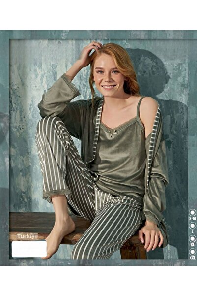 İpek Дамски кадифен тричастен пижамен комплект с райета