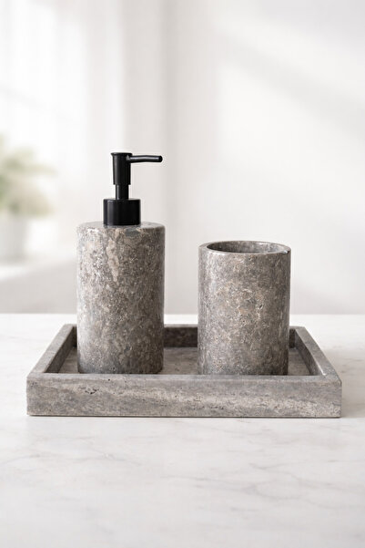 DMR HOME Natural Travertine Stone Bathroom Set – Liquid Soap Dispenser and To...