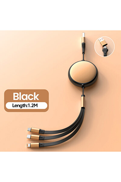 Choice 1.2m Black 5A 120W USB to Type C Retractable Fast Charging Mobile Phone Data Cable 2 To 3 Micro Usb