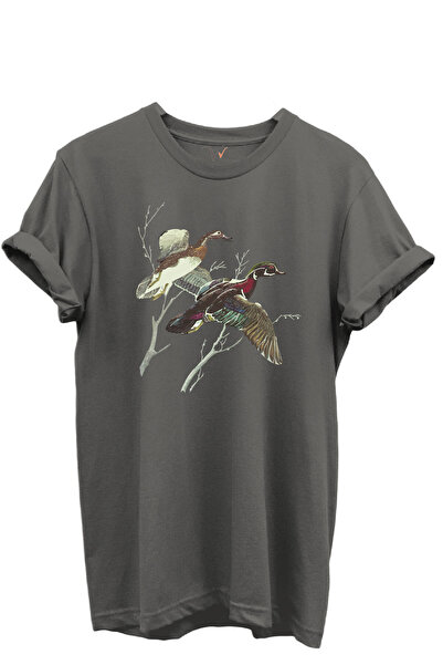 WİDİ Flying Wild Ducks Illustration Printed 100% Cotton Regular Fit Crew Neck Unisex T-Shirt