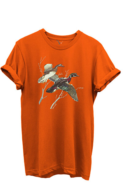 WİDİ Flying Wild Ducks Illustration Printed 100% Cotton Regular Fit Crew Neck Unisex T-Shirt