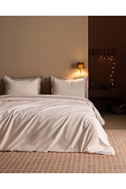 Madame Coco Gao Double Size 100% Cotton Embroidered Washable Duvet Cover Set - Ecru