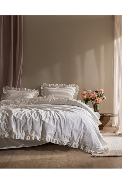 Madame Coco Obernai Tek Personality 100% Cotton Ruffled Plain Washable Duvet Cover Set - White
