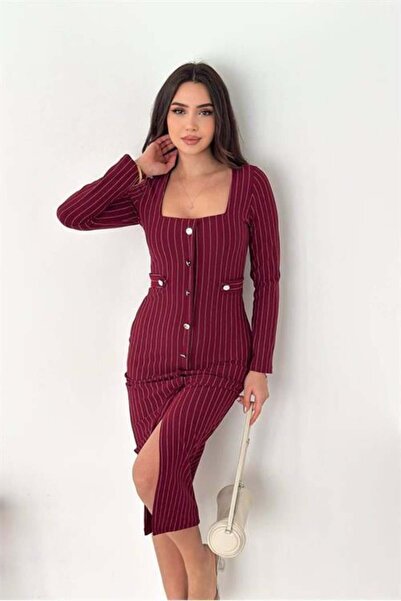 Dipmoda Γυναικείο φόρεμα με τετράγωνο γιακά Ριγέ σχεδίων και λεπτομέρεια με M...