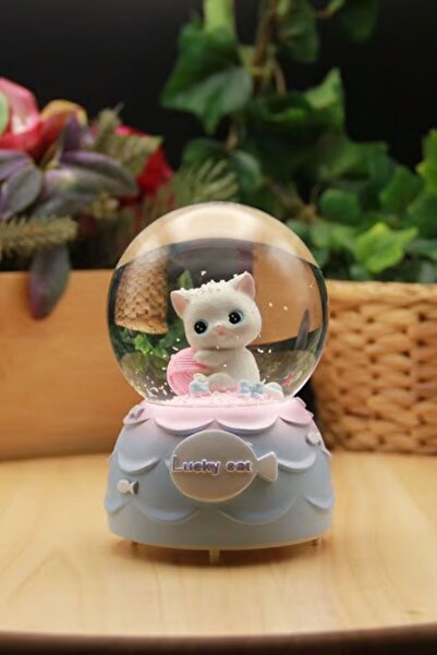 Buffer ® Pilli Işıklı Müzikli Kar Küresi–Şanslı Toplu Kedi Figürlü Eğlenceli Masaüstü Biblo, LED Aydı