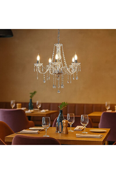 HAMER Classic chandelier that adds warmth to the atmosphere, silver + transparent E14*5
