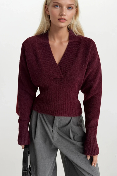 Black Fashion V Yaka Bel Oturtmalı Bordo Triko Kazak