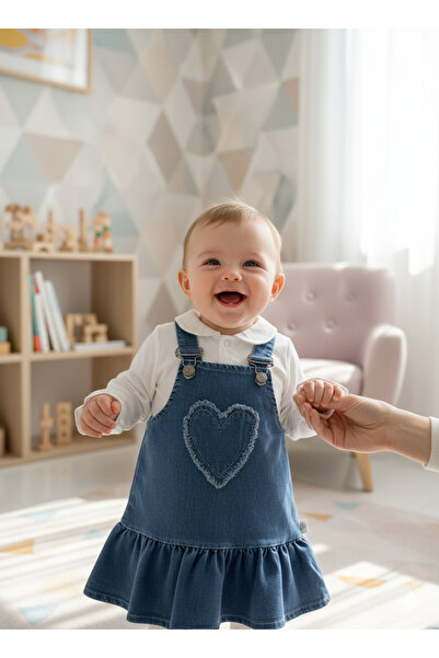 Momivi Kids Kız Bebek&Çocuk Kalp Detaylı Askılı Denim Elbise 2'li Takım
