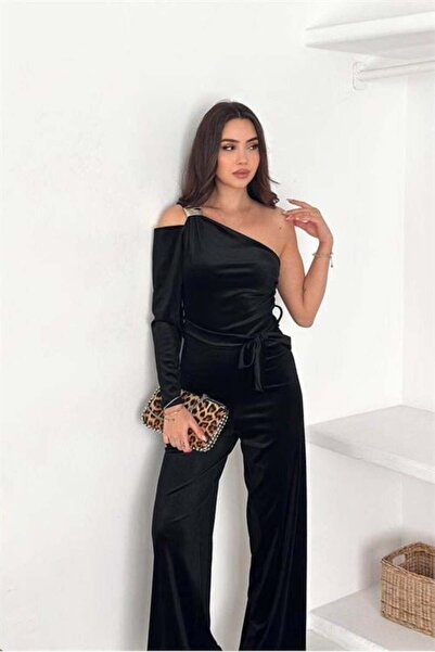 Dipmoda Γυναικεία υφασμάτινη ολόσωμη φόρμα με μαύρη ζώνη και έναν ώμο Βελούδο...