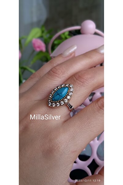 MİLLA 925 Ayar Gümüş Otantik Bronz Kaplama Turkuaz (Firuze) Taşlı Mekik Kesim...