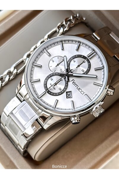 Ferrucci Men's Wristwatch-White Silver Color Steel Band-With Calendar Gift for Lover in Stylish Box +Bracelet