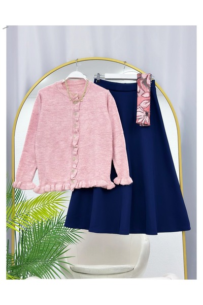 YEDİLALE SET DUBLU FIRFIR DETAILLED TRİKO HIRKA KLOŞ ETEK İÇİNE KATUNDAȚI [fără șal, cardigan mărime standard, fustă mărimea se potrivește]