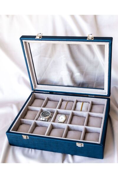 Shansora Design 15Pcs Navy Blue Watch Box, Faux Leather Covered, Custom Made,...
